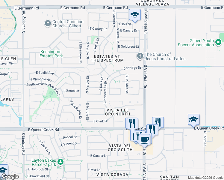 map of restaurants, bars, coffee shops, grocery stores, and more near 1391 Bluebird Drive in Gilbert