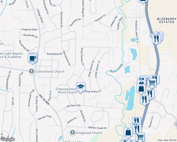 map of restaurants, bars, coffee shops, grocery stores, and more near 149 King James Court in Alabaster