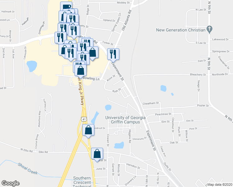 map of restaurants, bars, coffee shops, grocery stores, and more near 1316 Ruth Street in Griffin