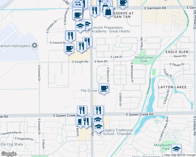 map of restaurants, bars, coffee shops, grocery stores, and more near 2661 South Dragoon Drive in Chandler