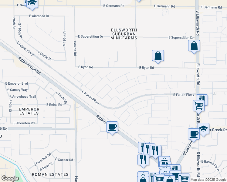 map of restaurants, bars, coffee shops, grocery stores, and more near 35274 East Raven Drive in Queen Creek