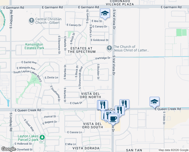 map of restaurants, bars, coffee shops, grocery stores, and more near 1436 East Birdland Court in Gilbert