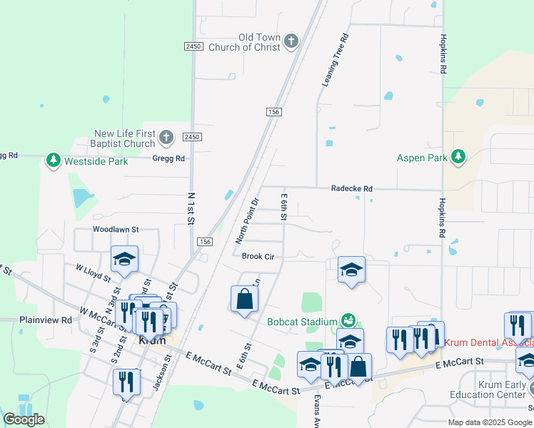 map of restaurants, bars, coffee shops, grocery stores, and more near 128 North Point Drive in Krum