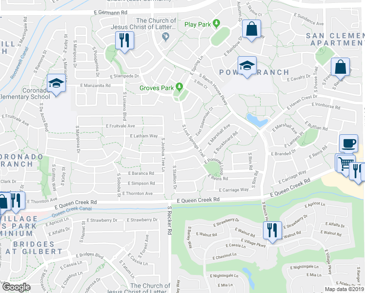 map of restaurants, bars, coffee shops, grocery stores, and more near 4055 East Sidewinder Court in Gilbert