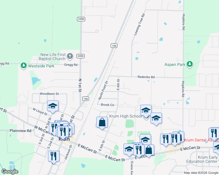 map of restaurants, bars, coffee shops, grocery stores, and more near 209 White Wing Drive in Krum