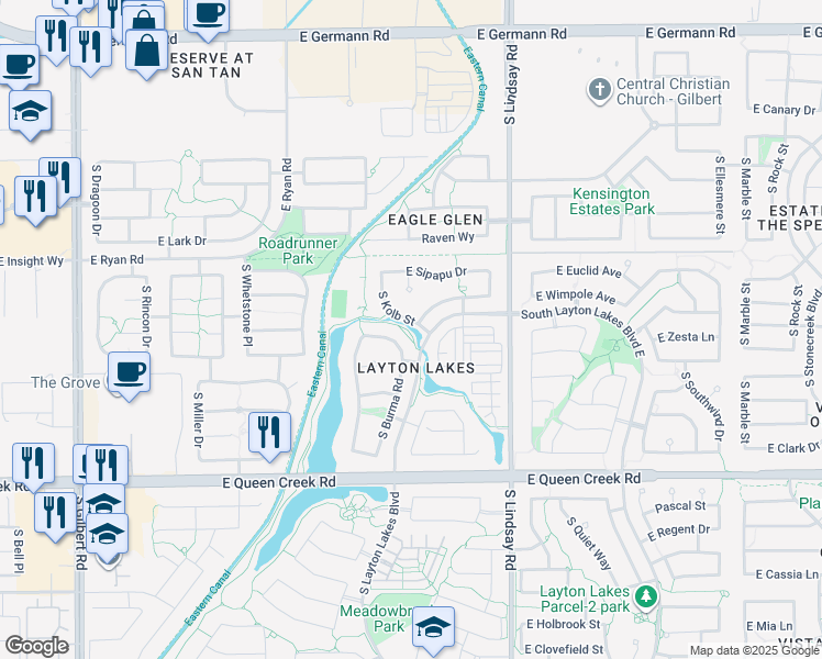 map of restaurants, bars, coffee shops, grocery stores, and more near 4499 South Kolb Street in Gilbert