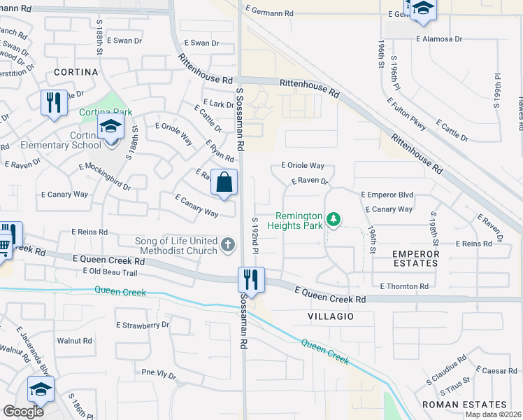 map of restaurants, bars, coffee shops, grocery stores, and more near 19839 South 192nd Way in Queen Creek
