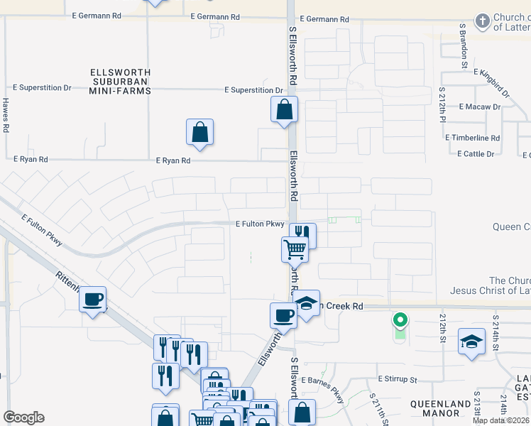 map of restaurants, bars, coffee shops, grocery stores, and more near 20746 East Canary Way in Queen Creek