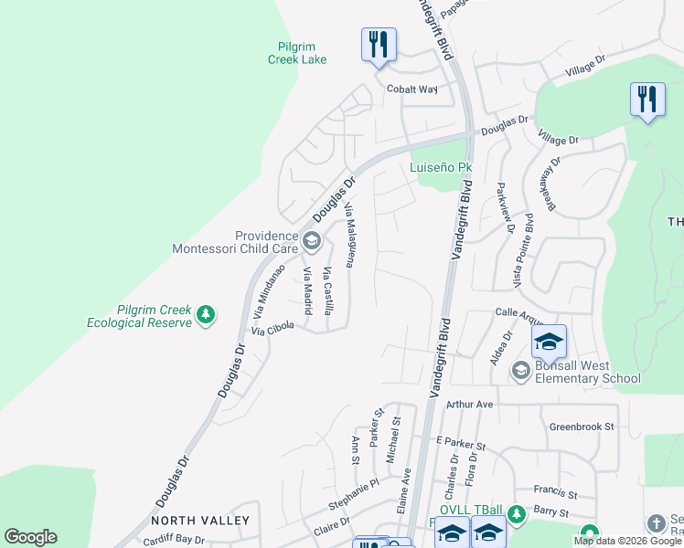 map of restaurants, bars, coffee shops, grocery stores, and more near 5150-5154 Via Malaguena in Oceanside