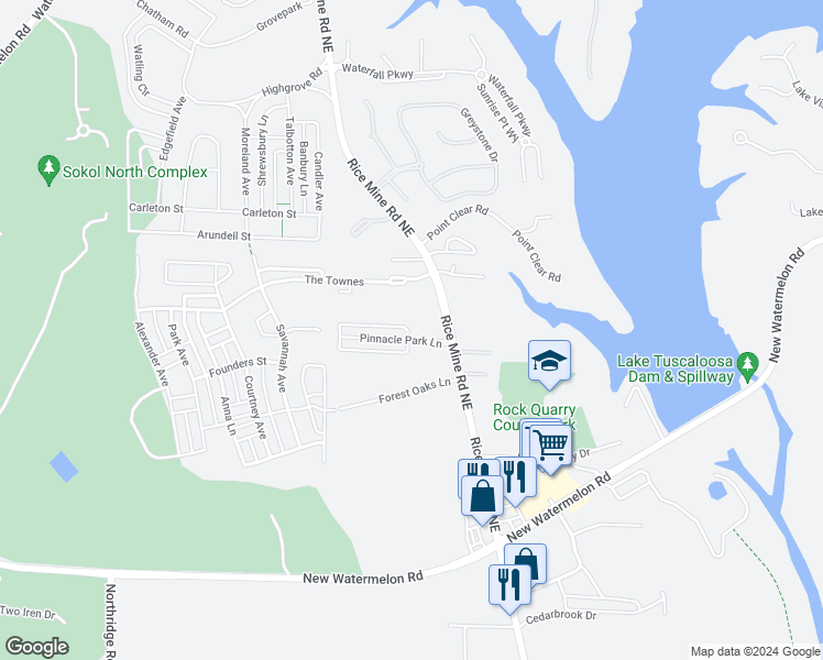 map of restaurants, bars, coffee shops, grocery stores, and more near 5518 Rice Mine Road Northeast in Tuscaloosa