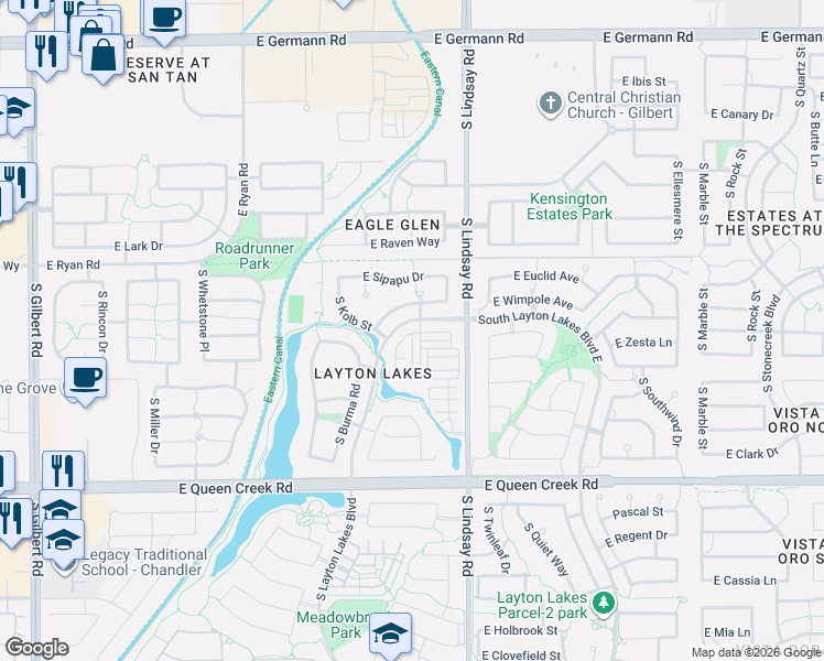 map of restaurants, bars, coffee shops, grocery stores, and more near 665 East Charlevoix Avenue in Gilbert