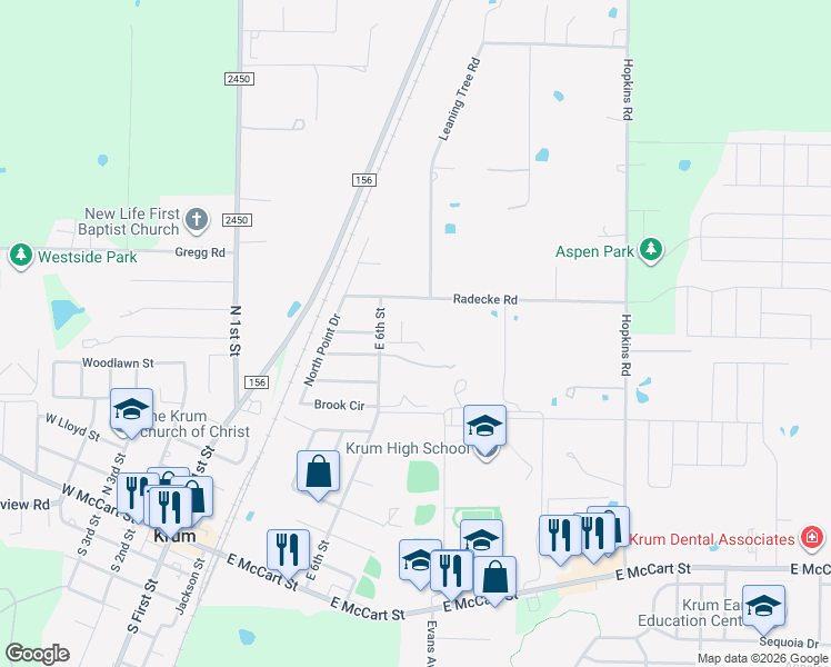 map of restaurants, bars, coffee shops, grocery stores, and more near 106 Carissa Court in Krum
