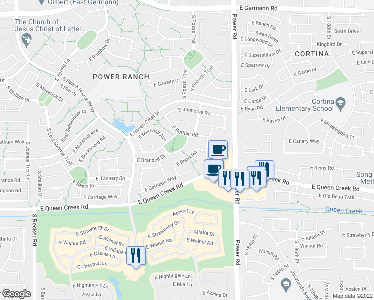 map of restaurants, bars, coffee shops, grocery stores, and more near 4629 East Desperado Road in Gilbert