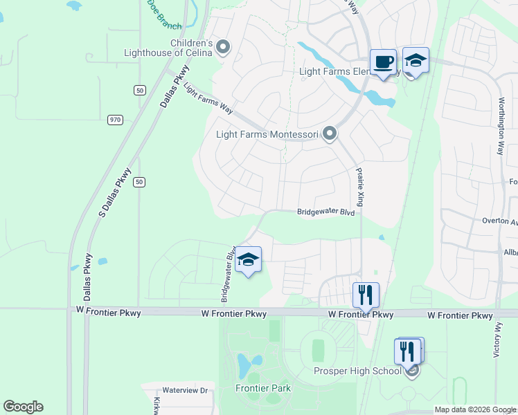 map of restaurants, bars, coffee shops, grocery stores, and more near 1618 Ellington Drive in Prosper
