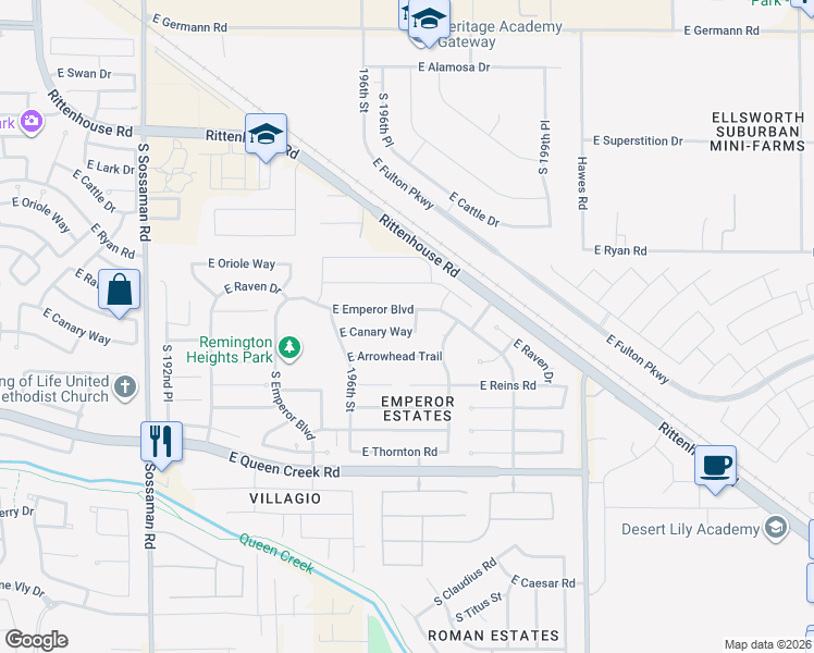 map of restaurants, bars, coffee shops, grocery stores, and more near 19718 East Canary Way in Queen Creek