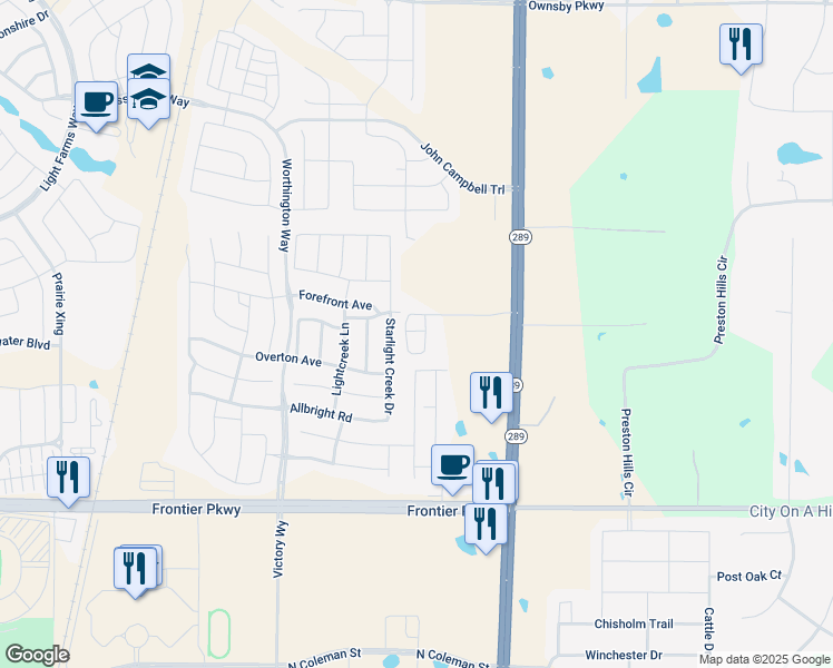 map of restaurants, bars, coffee shops, grocery stores, and more near 4131 South Preston Road in Prosper
