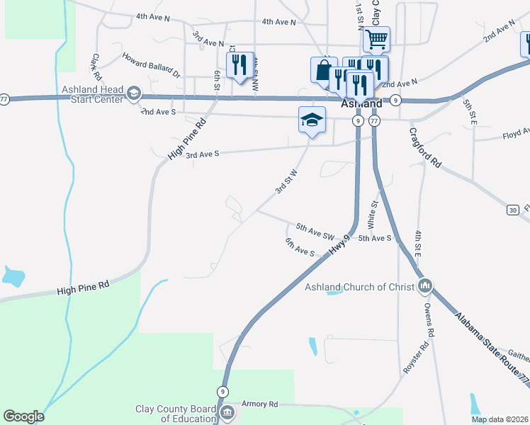 map of restaurants, bars, coffee shops, grocery stores, and more near 373 3rd Street Southwest in Ashland