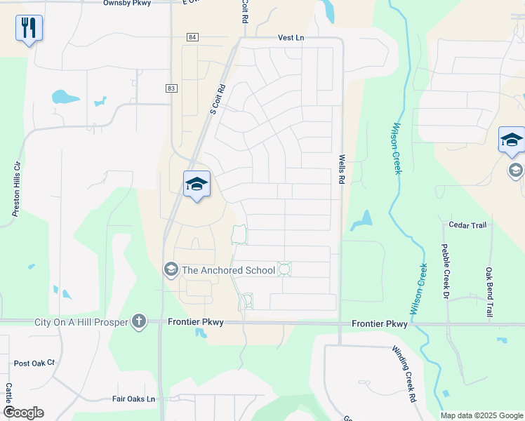 map of restaurants, bars, coffee shops, grocery stores, and more near 1424 Bird Cherry Lane in Prosper