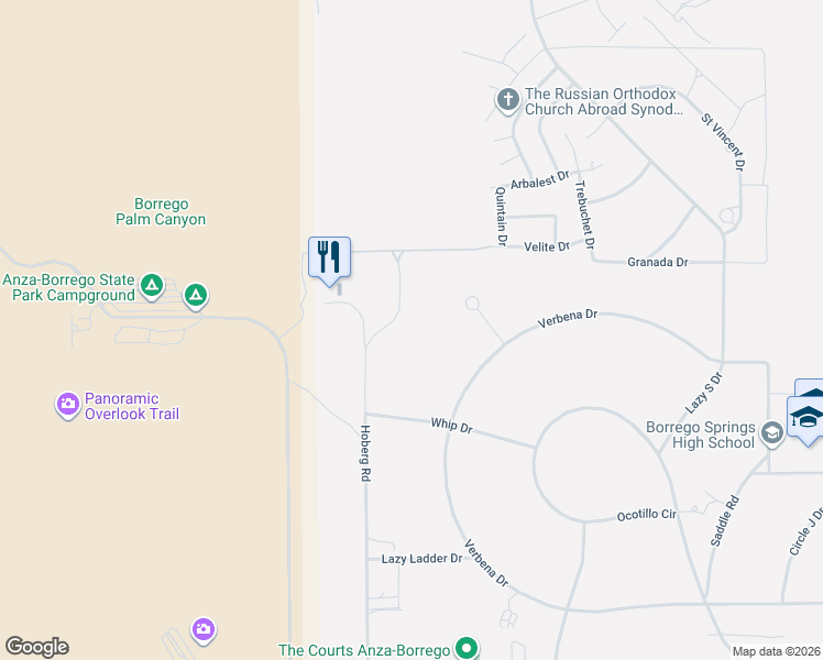 map of restaurants, bars, coffee shops, grocery stores, and more near 2147 Hoberg Road in Borrego Springs