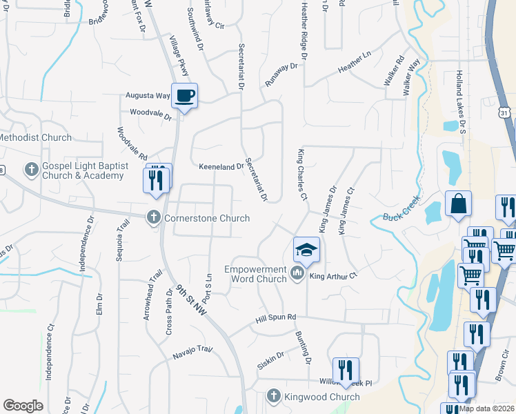 map of restaurants, bars, coffee shops, grocery stores, and more near 1455 Secretariat Drive in Helena