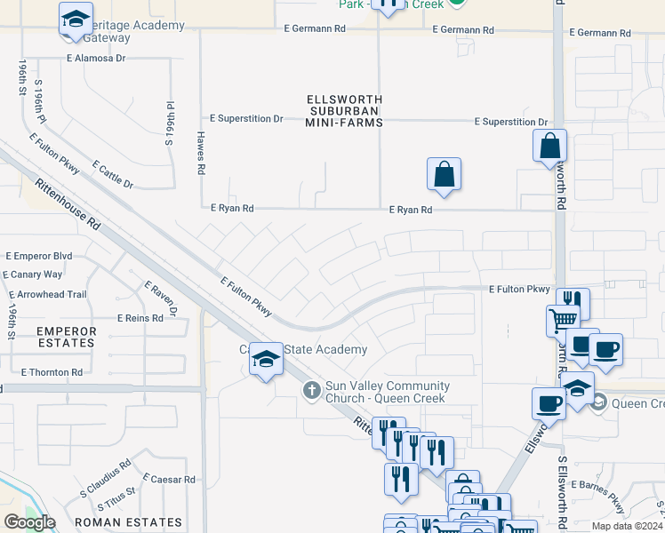 map of restaurants, bars, coffee shops, grocery stores, and more near 20281 East Raven Drive in Queen Creek