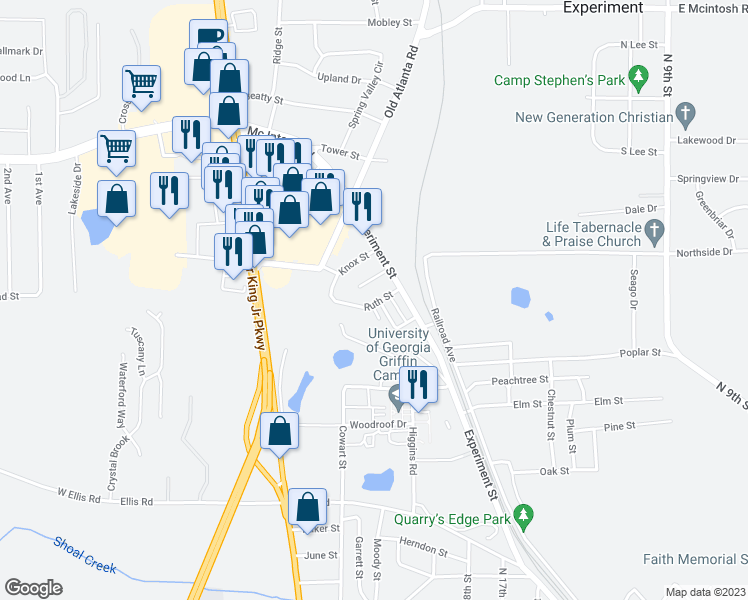 map of restaurants, bars, coffee shops, grocery stores, and more near 1319 Ruth Street in Griffin