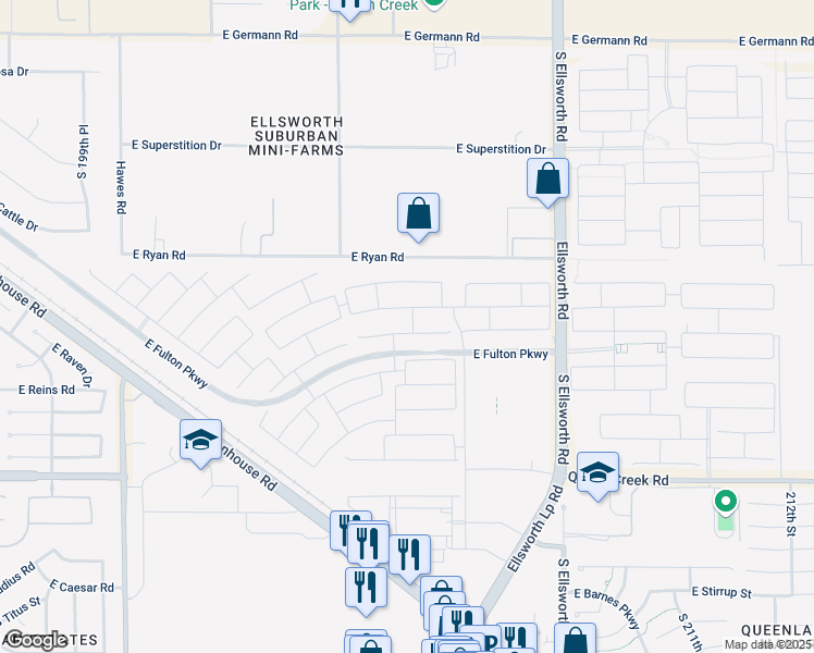 map of restaurants, bars, coffee shops, grocery stores, and more near 20551 East Mockingbird Drive in Queen Creek