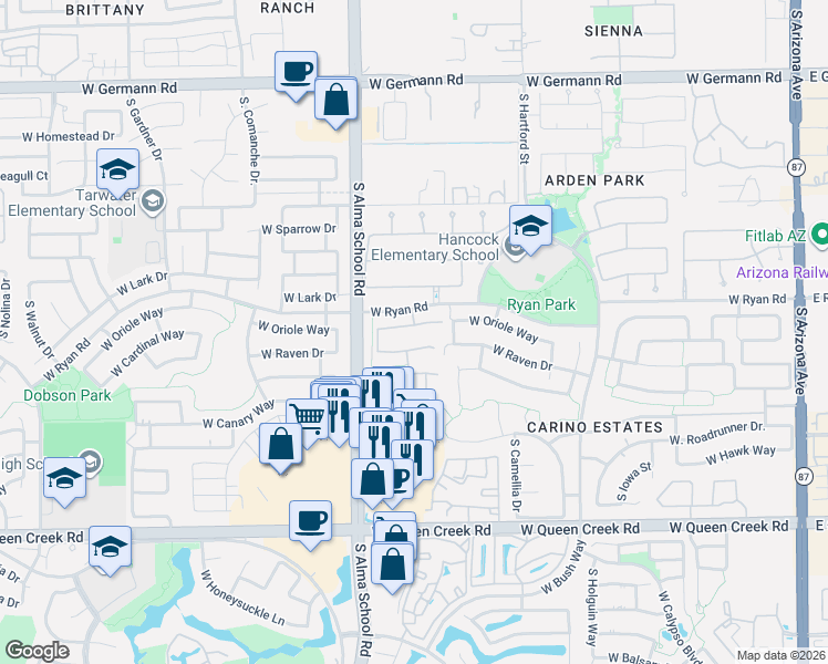 map of restaurants, bars, coffee shops, grocery stores, and more near 871 West Oriole Way in Chandler