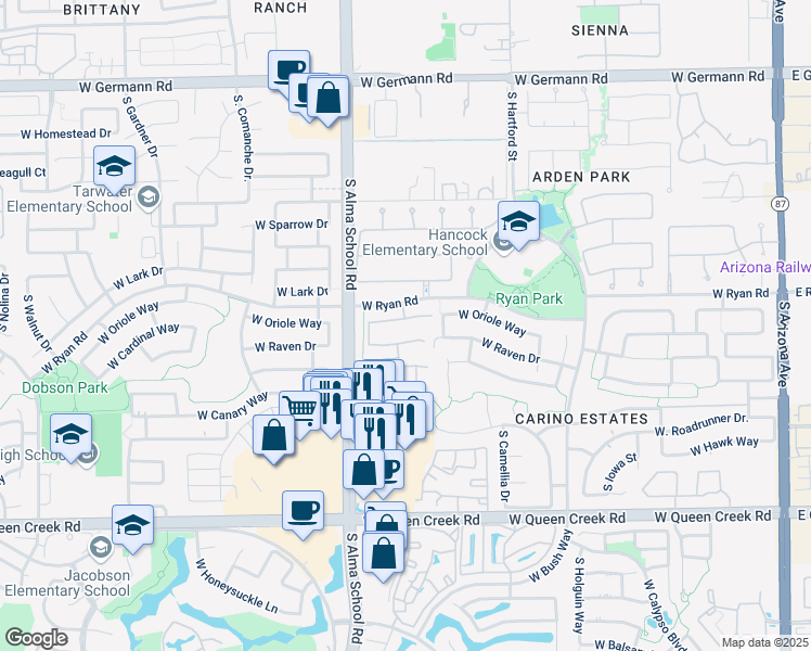 map of restaurants, bars, coffee shops, grocery stores, and more near 871 West Oriole Way in Chandler