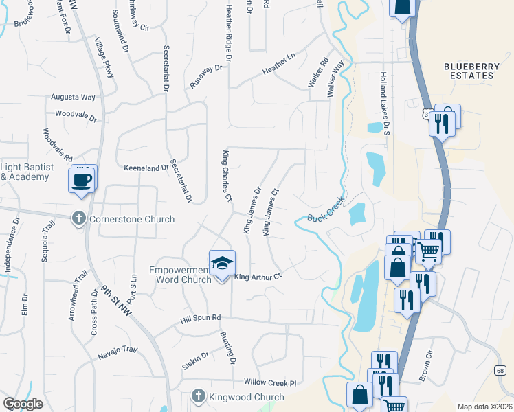 map of restaurants, bars, coffee shops, grocery stores, and more near 1709 King James Drive in Alabaster
