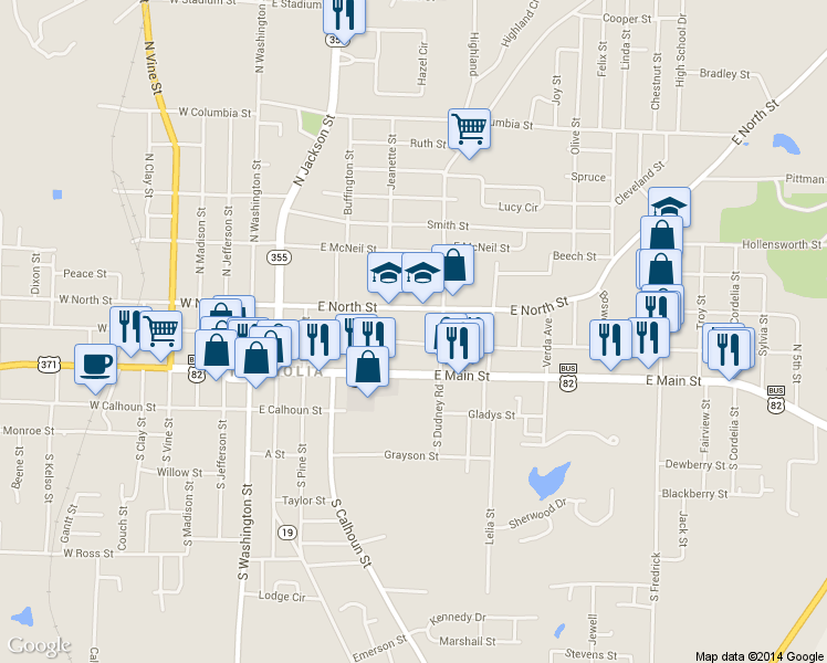 map of restaurants, bars, coffee shops, grocery stores, and more near 524 East Union Street in Magnolia