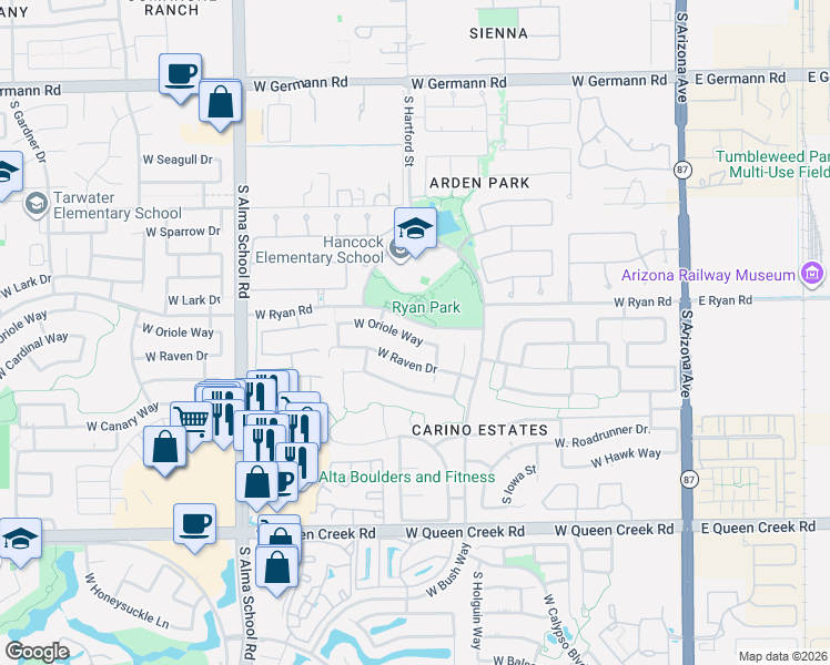 map of restaurants, bars, coffee shops, grocery stores, and more near 680 West Oriole Way in Chandler