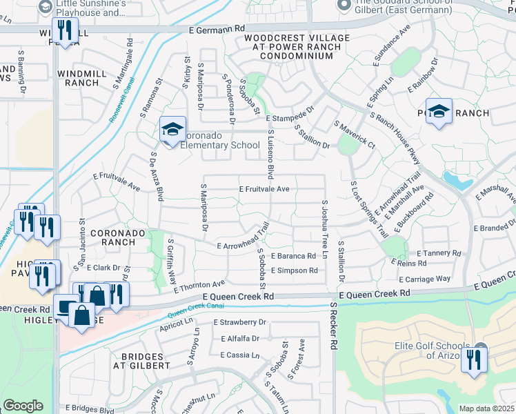 map of restaurants, bars, coffee shops, grocery stores, and more near 3795 East Latham Court in Gilbert