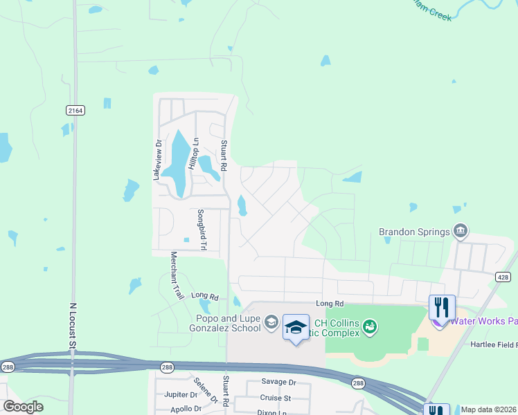 map of restaurants, bars, coffee shops, grocery stores, and more near 3 Lakeview Drive in Denton