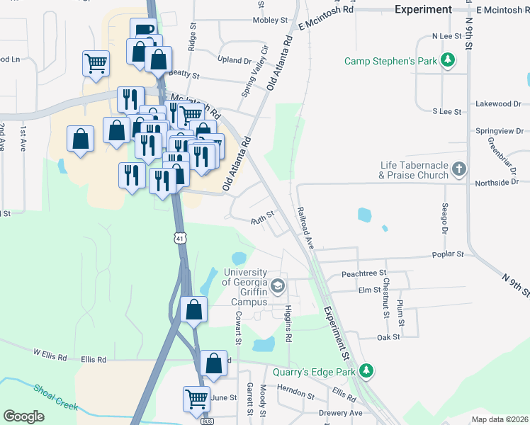 map of restaurants, bars, coffee shops, grocery stores, and more near 1311 Ruth St in Griffin