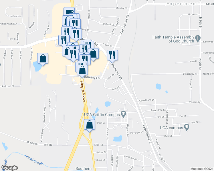 map of restaurants, bars, coffee shops, grocery stores, and more near 1325 Ruth Street in Griffin
