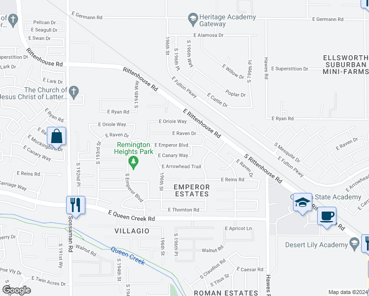 map of restaurants, bars, coffee shops, grocery stores, and more near 19737 East Emperor Boulevard in Queen Creek