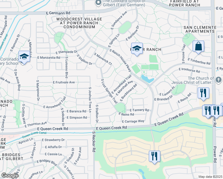 map of restaurants, bars, coffee shops, grocery stores, and more near 4109 East Sidewinder Court in Gilbert