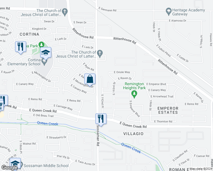 map of restaurants, bars, coffee shops, grocery stores, and more near 19836 South 192nd Way in Queen Creek
