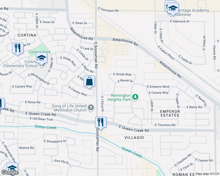 map of restaurants, bars, coffee shops, grocery stores, and more near 19839 South 192nd Way in Queen Creek