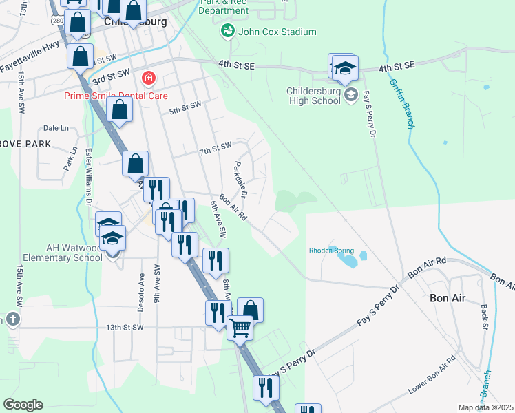 map of restaurants, bars, coffee shops, grocery stores, and more near 118 Crestview Street in Childersburg