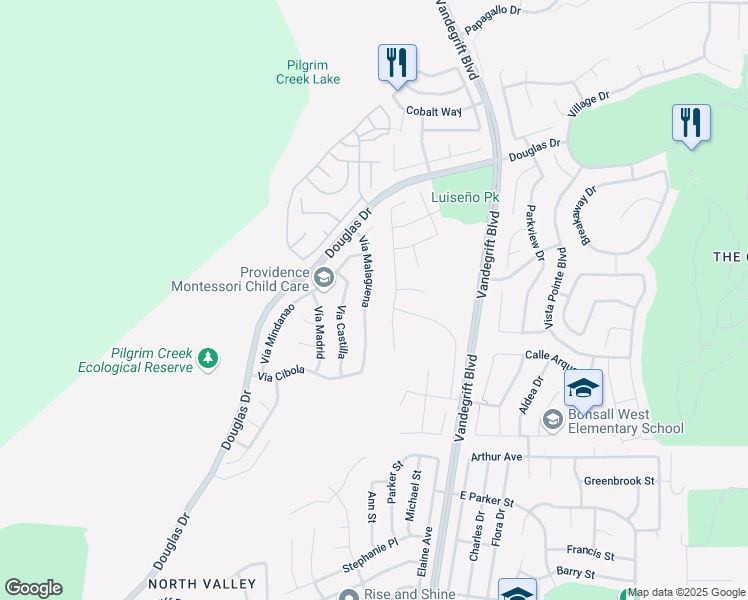 map of restaurants, bars, coffee shops, grocery stores, and more near 5154 Via Malaguena in Oceanside