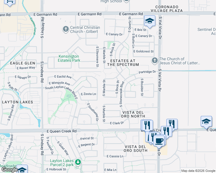 map of restaurants, bars, coffee shops, grocery stores, and more near 1253 East Birdland Drive in Gilbert