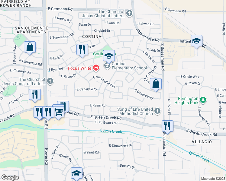map of restaurants, bars, coffee shops, grocery stores, and more near 18852 East Canary Way in Queen Creek