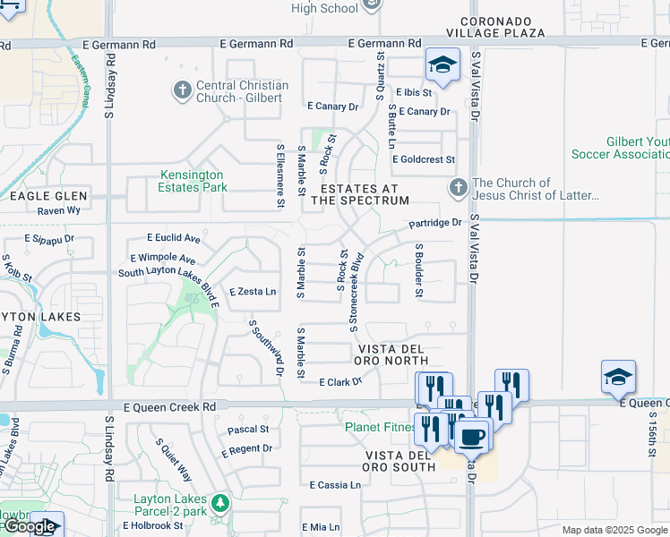 map of restaurants, bars, coffee shops, grocery stores, and more near 1297 Birdland Drive in Gilbert