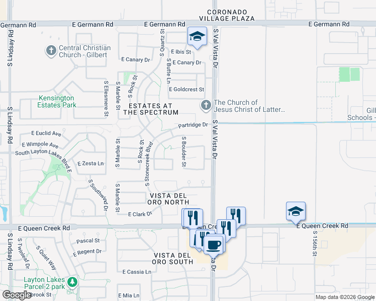 map of restaurants, bars, coffee shops, grocery stores, and more near 1501 Birdland Drive in Gilbert
