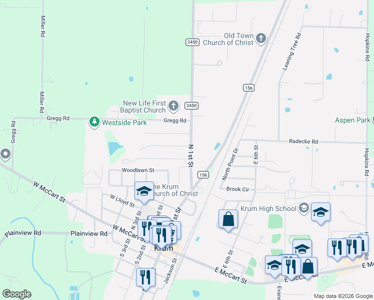 map of restaurants, bars, coffee shops, grocery stores, and more near 1 Finley Circle in Krum