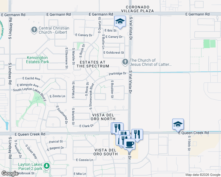 map of restaurants, bars, coffee shops, grocery stores, and more near 1501 Birdland Drive in Gilbert