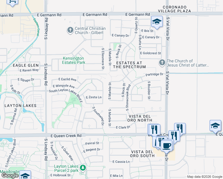 map of restaurants, bars, coffee shops, grocery stores, and more near 1237 Birdland Drive in Gilbert