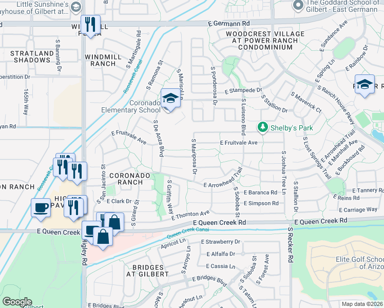 map of restaurants, bars, coffee shops, grocery stores, and more near 3640 East Latham Way in Gilbert